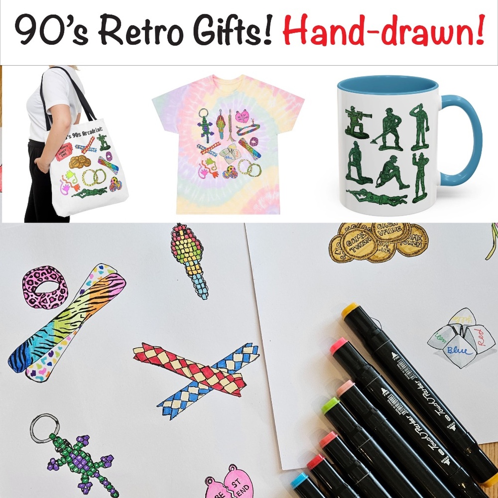 90s Retro Gift & Present Nostalgic Millennial Hand-Drawn Custom Mugs Shirt Totes